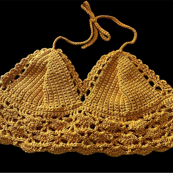 Hand Crafted Crochet Halter Hippie Boho Crop Bikini Floral Top Off the shoulder - Picture 5 of 14